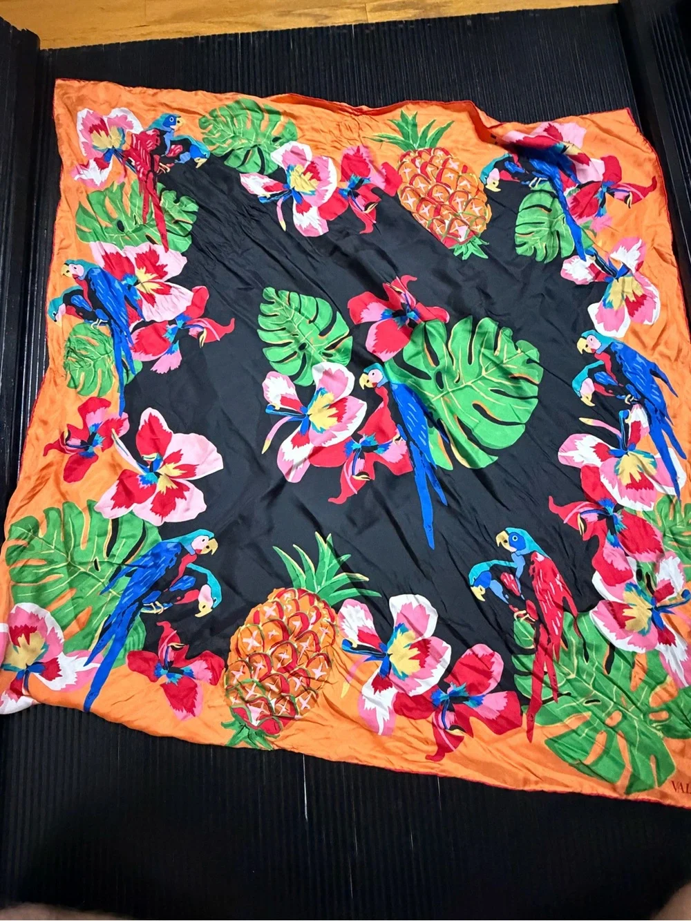 Valentino Bright Orange Tropical Floral Silk Scarf